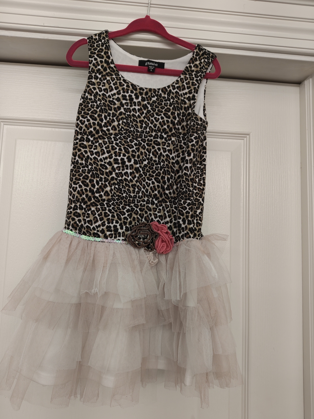Zunie Leopard Print Bodice with Light Pink Tulle Tiered Skirt Dress